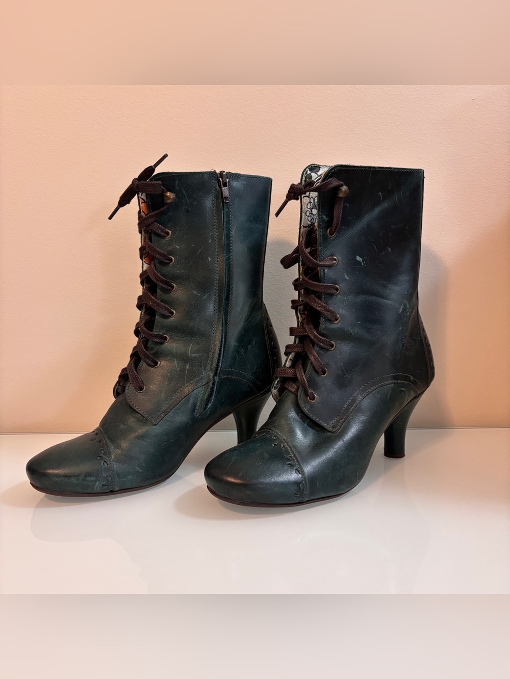 Fly London Dark Green Lace-Up Ankle Boots with Brown Laces